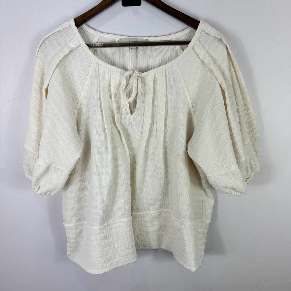 LOFT Peasant Top M Ivory Textured Tie Neck Blouse Boho Minimalist Coastal Chic